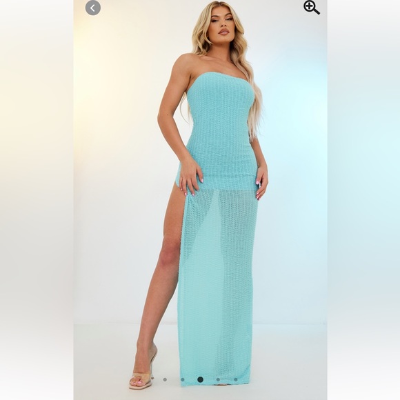 Sky Blue Textured Bandeau Thigh split Maxi Dress (size 12) - Picture 3 of 5